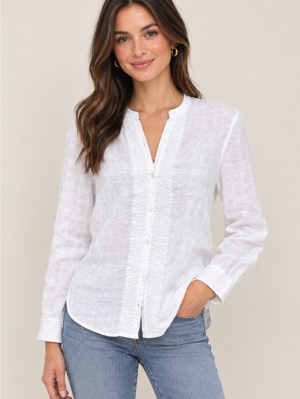Liz Claiborne Petite White Linen bottom up Band Collar Shirt Coastal Grandmother